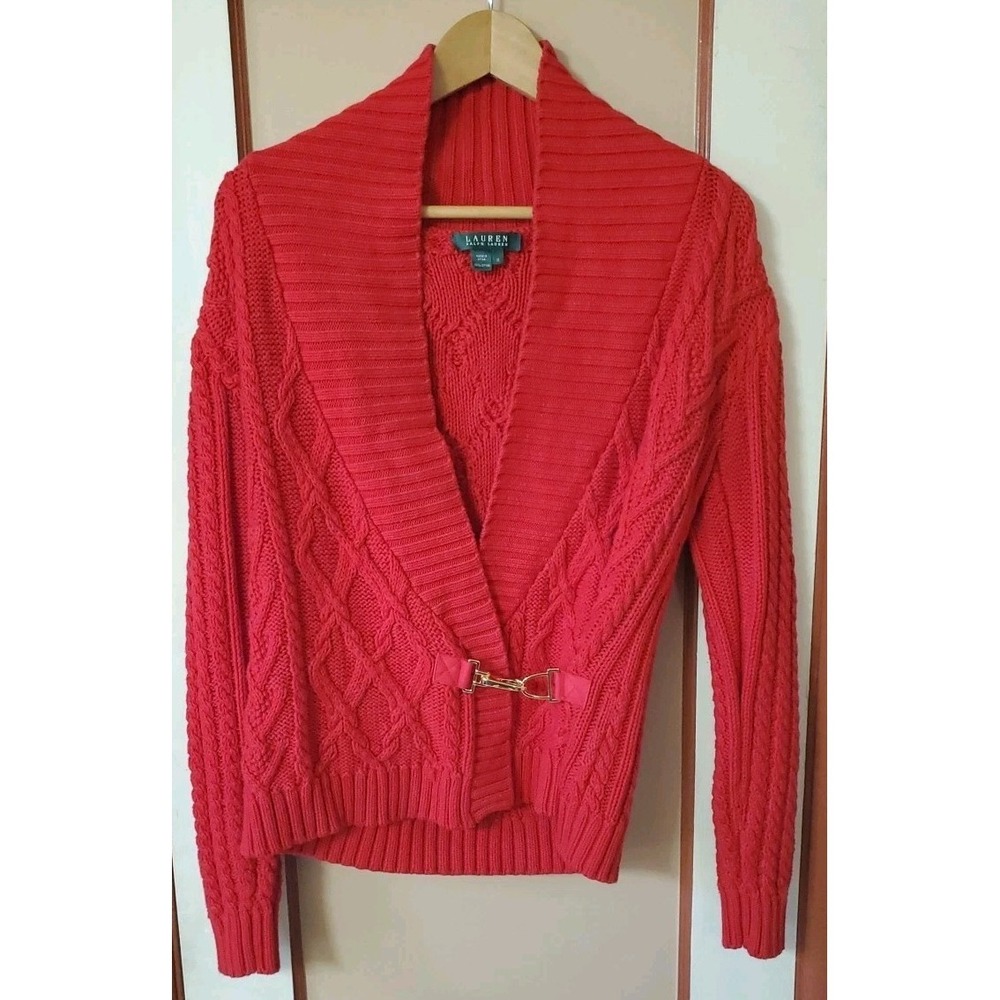 Ralph Lauren Buckle Cable Knit Wrap Sweater Shawl Collar Red Size M